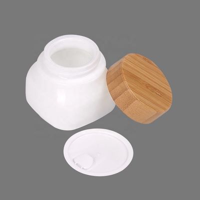 150g Square OPAL Glass Serum Bottles With Bamboo Cream Face Care Jar Cosmetic