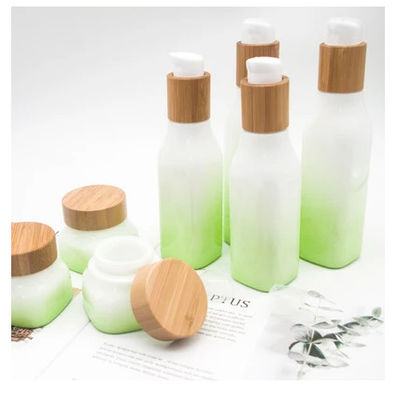 Green Gradient OPAL Glass Bottle With Wood Lid Cap Cosmetic Lotion Container