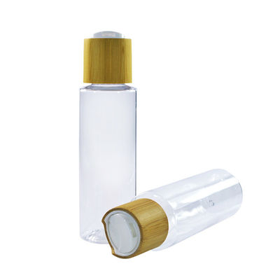 Hot selling natural clear PET plastic lotion pump bottle with bamboo cap  200ml