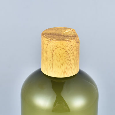Hot selling 300ml PET amber green lotion shampoo bottle with bamboo cap
