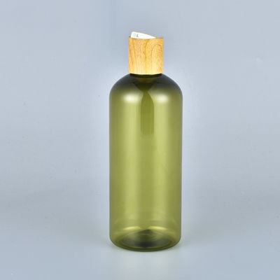 Hot selling 300ml PET amber green lotion shampoo bottle with bamboo cap
