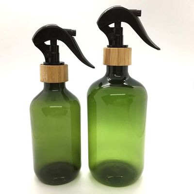 Boston round PET plastic bottle 500ml with bamboo trigger sprayer PCR PET bottle
